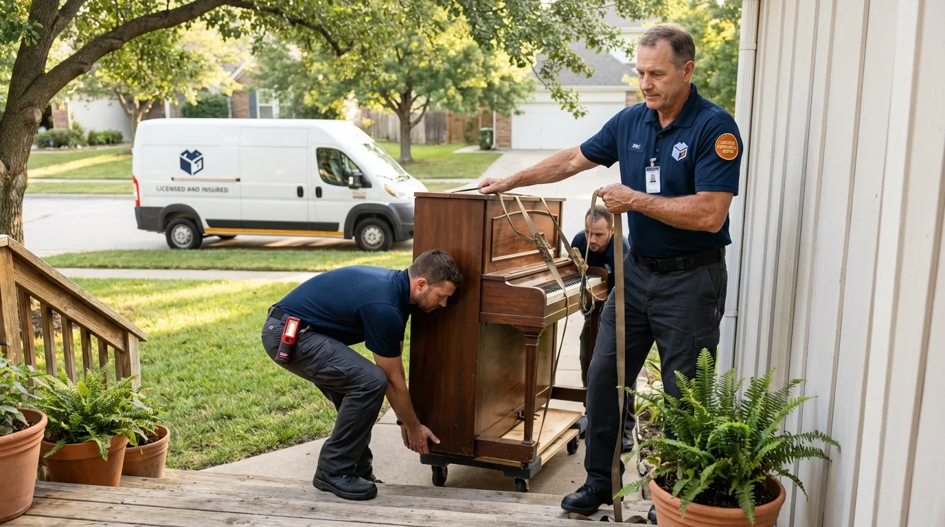 Licensed piano movers securing grand piano in Two Harbors, MN