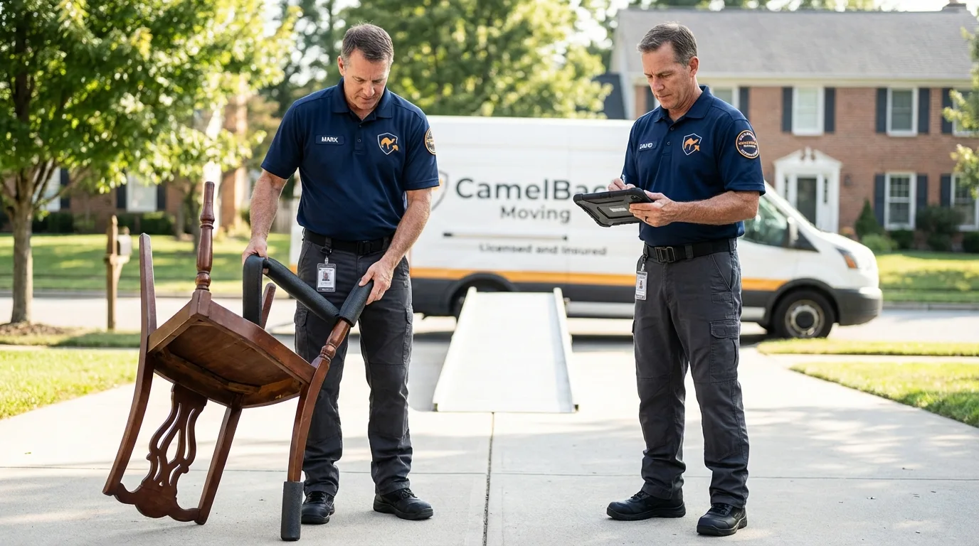Movers inspecting furniture for damage prevention before loading in Two Harbors, MN