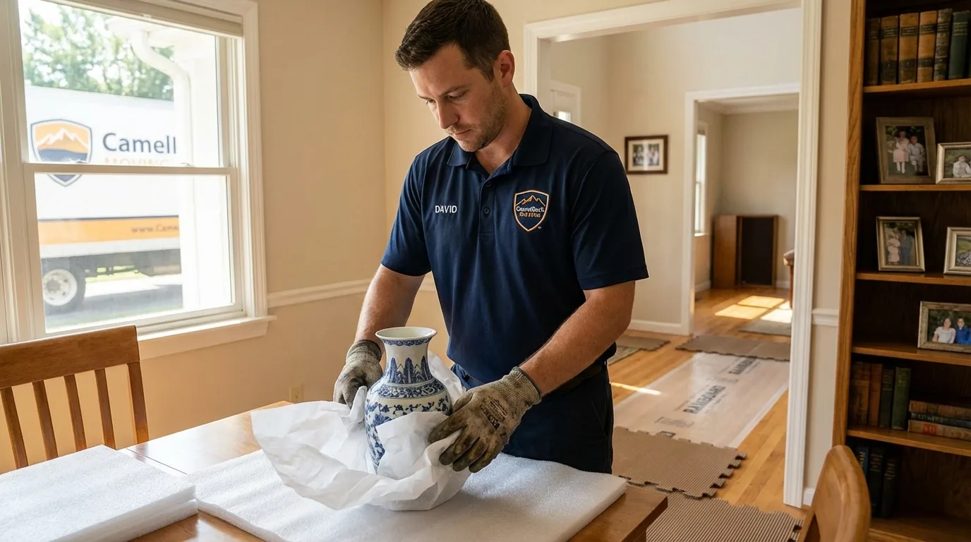 Professional crew carefully wrapping antique vase for senior downsizing move in Two Harbors, MN